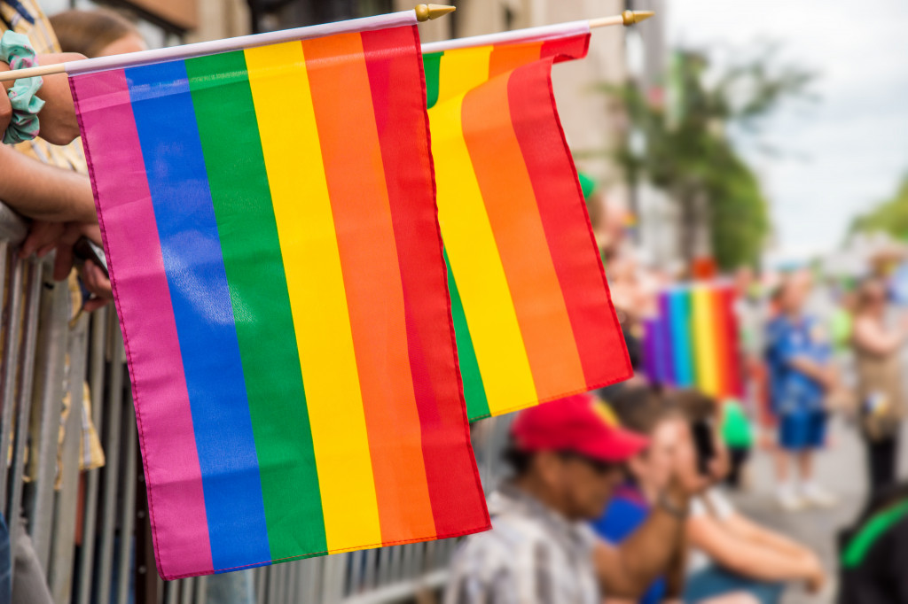 Rainbow Pride flags in a public Pride event